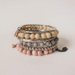 Boho Pastel Glass Beaded Silver Pink Tan Grey Wide Wrap Coil Statement Bracelet